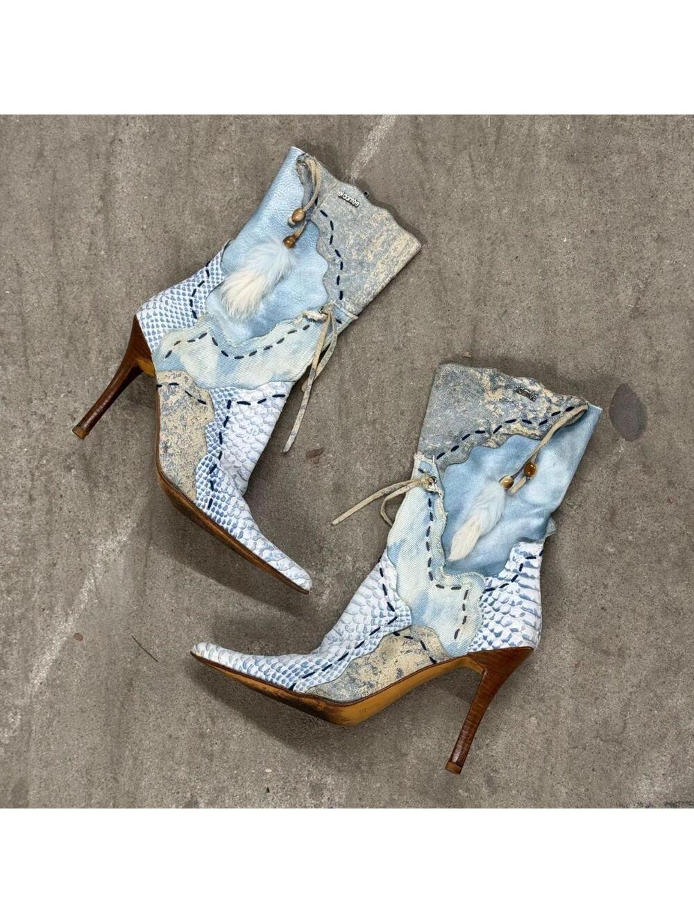 Vintage El Dantes Deconstructed Mixed-Media Stiletto Boots Blue